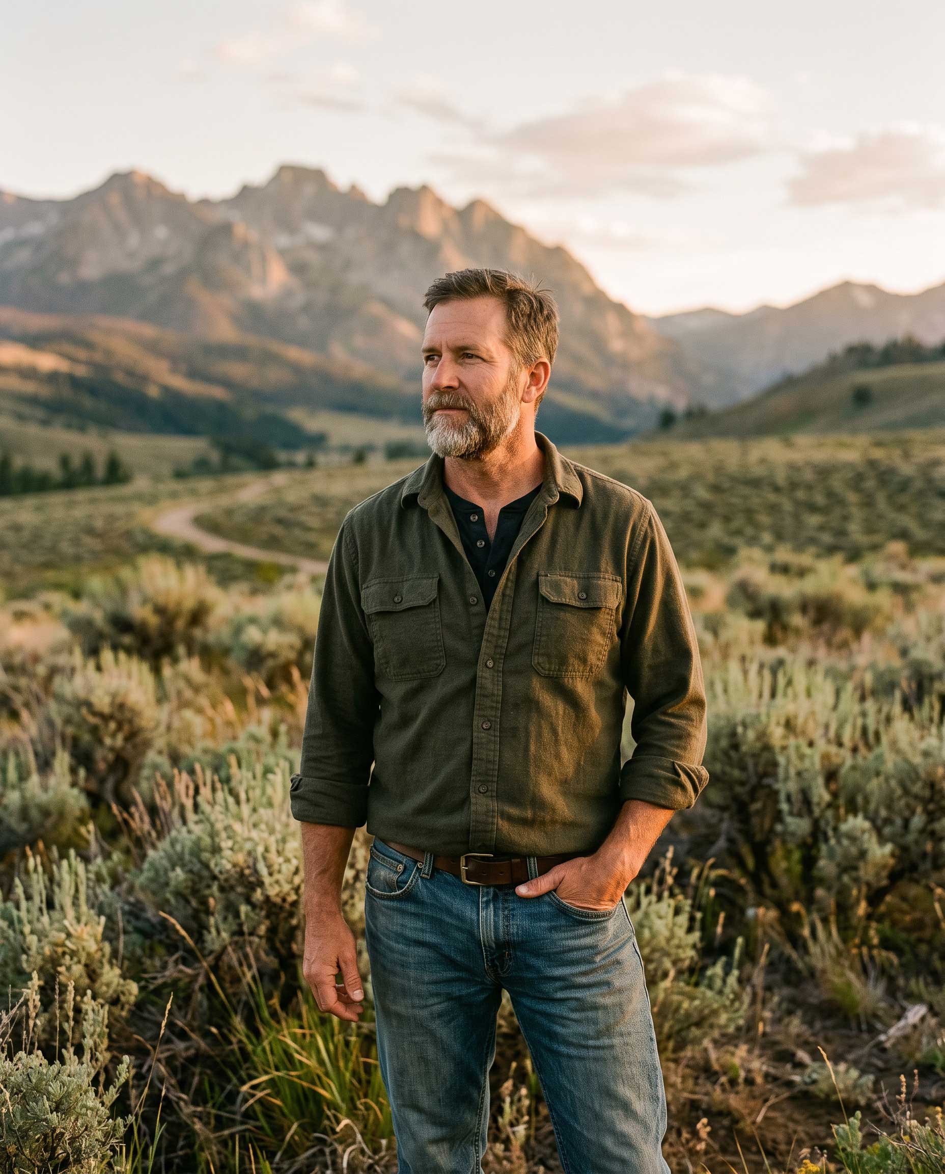 Confident man in his 50s in the Idaho backcountry at sunset